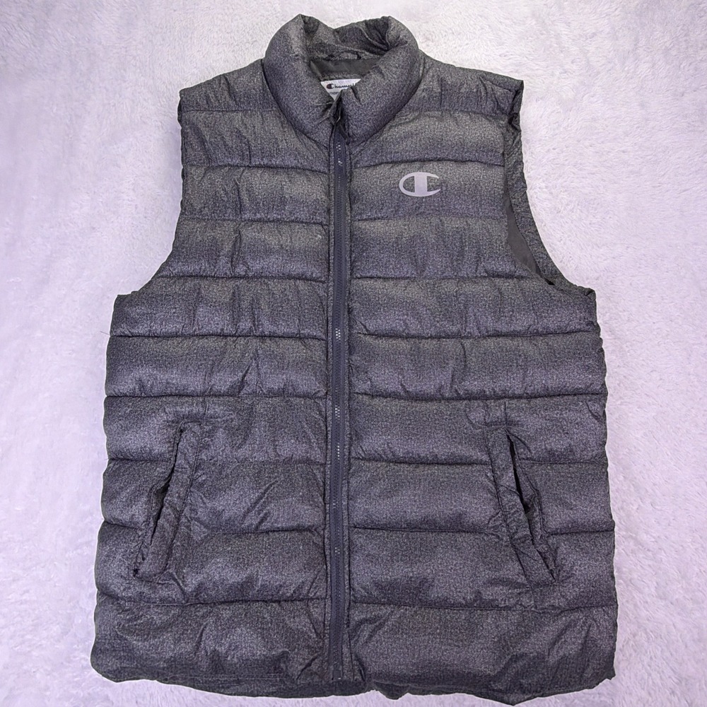 Champion Puffer Vest Jacket Mens L Gray w/Reflective Logo Authentic